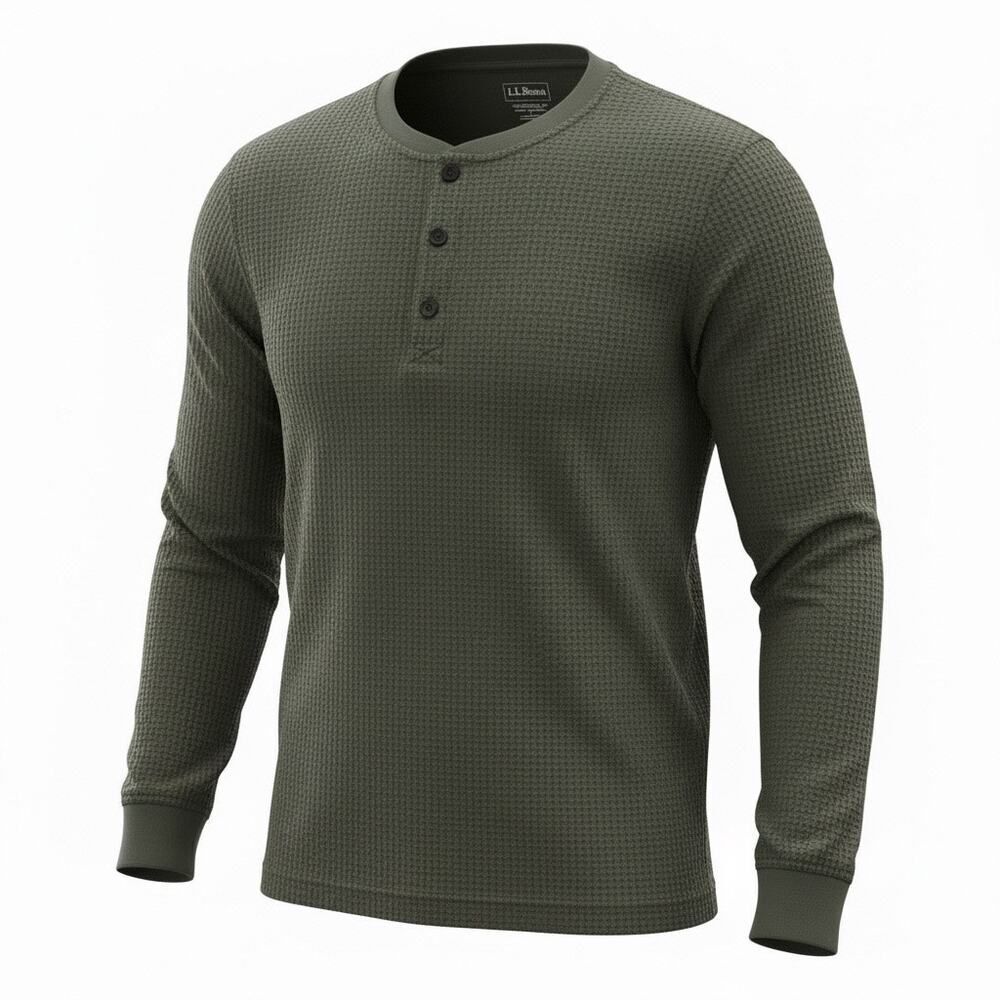 LL Bean Waffle Knit Henley Thermal Olive Shirt Heritage Traditional Outdoors XL